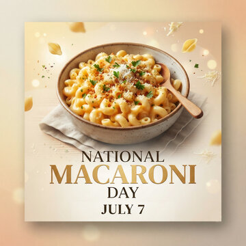 National Macaroni Day celebration poster featuring a delicious bowl of macaroni and cheese on July 7


