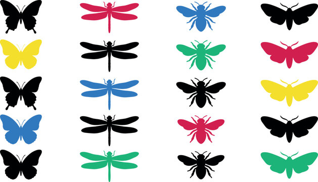 Insect silhouette vector set featuring colorful and black butterfly dragonfly bee and moth icons for nature tattoo vinyl cutting and graphic design projects