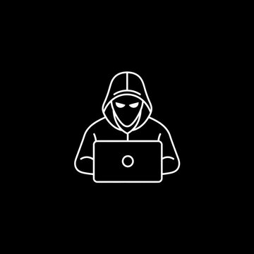 Hacker wearing a hoodie using a laptop computer icon