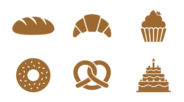 Minimal Bakery Elements Vector Set Flat Design Brown Silhouette Collection