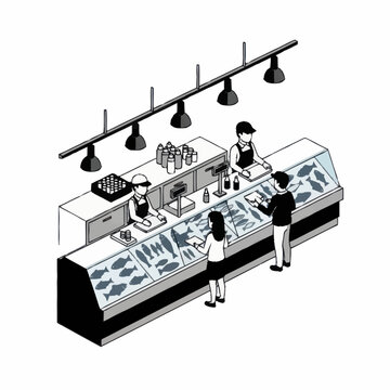 Illustrated bakery counter with customers and pastries.