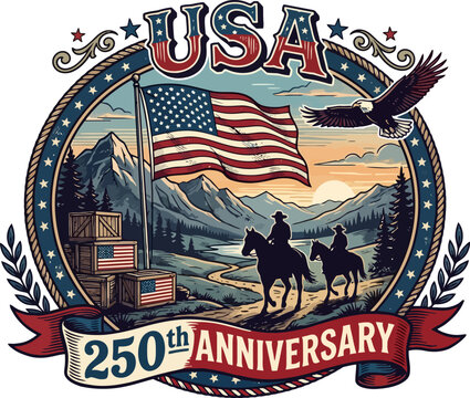 USA 250th Anniversary Emblem, Patriotic Vector Badge, American Flag Icon, Vintage Independence Day Logo