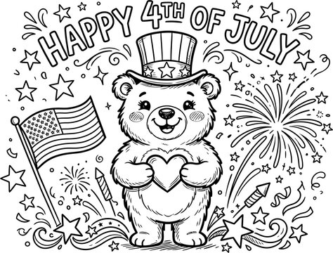Patriotic bear, 4th of July coloring page, American flag, Independence Day illustration, cute bear