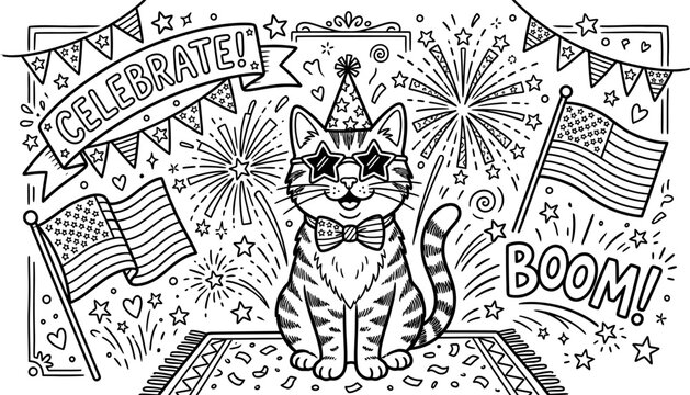 4th of July cat, patriotic party animal, black and white illustration, coloring page