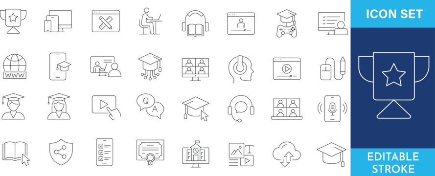 Online education and remote learning line icons set for digital classroom.