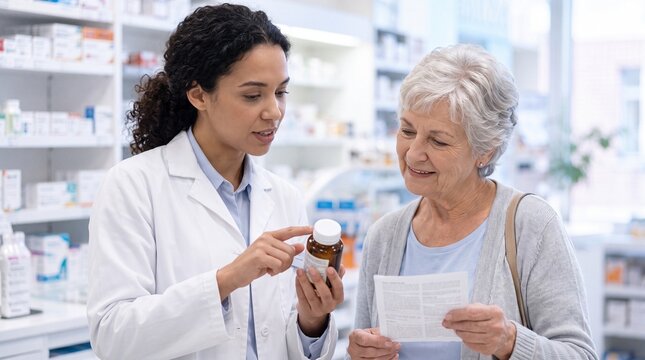 A professional pharmacist in a white coat explains medication instructions and usage to an elderly female customer in a modern pharmacy setting.