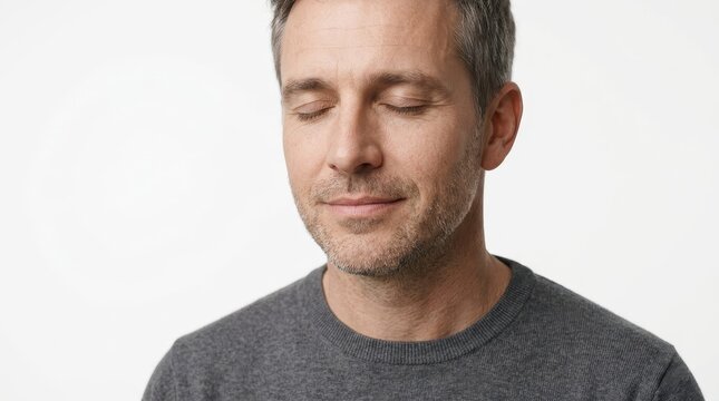 A mature man with grey hair maintains a calm expression while keeping his eyes gently closed to practice mindful breathing during a moment of inner peace and deep personal reflection each day