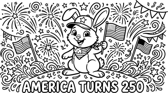 Patriotic Easter bunny, America 250th anniversary coloring page, star-spangled celebration, festive vector illustration