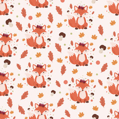 Obraz premium Cute autumn seamless pattern with little foxes, colorful leaves, mushrooms and berries on light background. Vector repeatable background for kids.