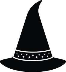 Fototapeta premium A minimalist flat black witch hat icon featuring white stars on band