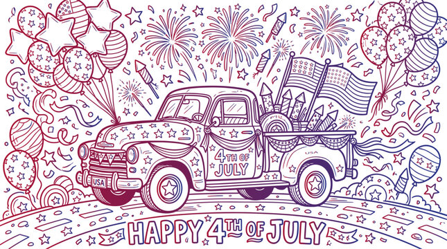 Patriotic truck, 4th of July icons, American celebration, red white blue illustrations