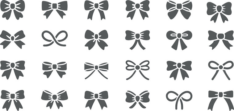 Decorative ribbon bow tie grey silhouette icon collection isolated on white background for Christmas gift wrapping graphic design element