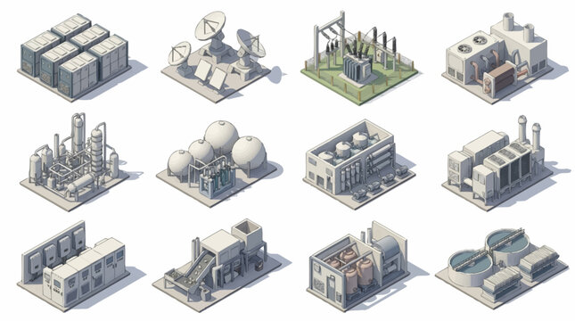 Isometric industrial factory buildings and facilities set.