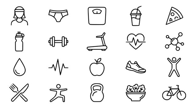 Set of thin line icons for healthy lifestyle fitness and proper nutrition