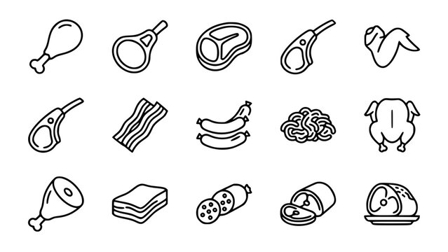 Collection of meat and poultry food outline icons for butchery and cooking
