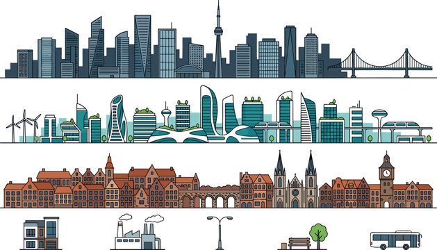 City skyline vector banners set featuring modern metropolis futuristic green eco city and historic european town architecture for urban development graphic design