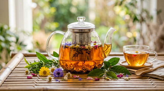 Mockup de una tetera de cristal transparente con t&eacute; &aacute;mbar reci&eacute;n infusionado. Rodeada de hojas verdes y flores comestibles sobre una mesa de bamb&uacute;. Fondo desenfocado minimalista con luz natural. 