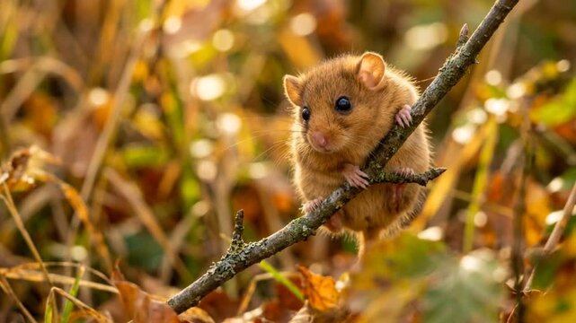 dormouse on tree branch in black forest germany golden light close up video