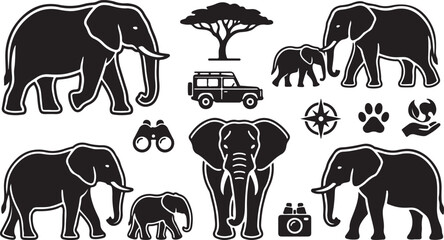 Set of black elephant silhouettes with safari icons and african wildlife elements © Mostafizur