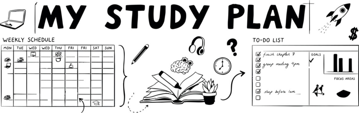 Handdrawn illustration of a study plan including a weekly schedule and todo list