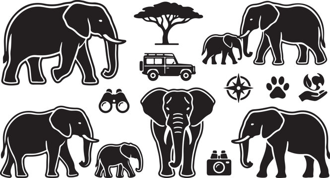 Set of black elephant silhouettes with safari icons and african wildlife elements