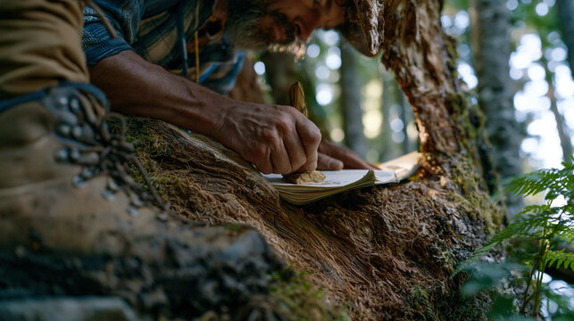 Trail hiker stamps a handcarved rubber stamp into a letterboxing logbook inside a hollowed tree nook, muddy hiking boots visible, dense forest canopy overhead, treasure hunt community, outdoor puzzl