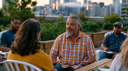 Naklejka premium Veteran peer support group leader facilitates outdoor session on community garden terrace, small circle of men and women in lawn chairs, raised vegetable beds in background, early morning mist above