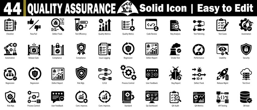 Set of solid quality assurance icons. Featuring software testing, development process automation control, and reporting audit vector illustration.