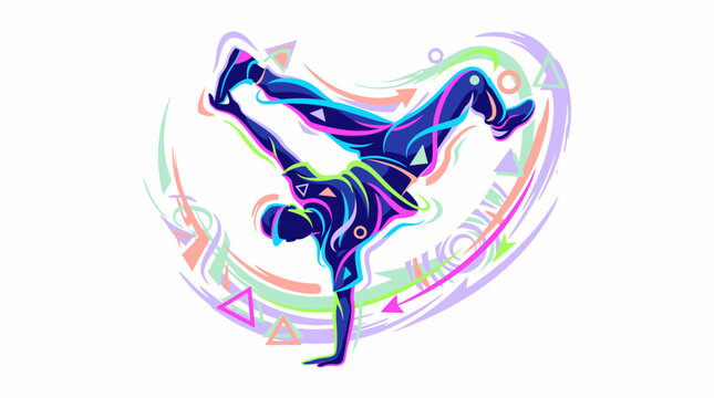 Dynamic Breakdancer Performing Street Dance Moves with Vibrant Neon Motion Trails and Geometric Abstract Art Patterns