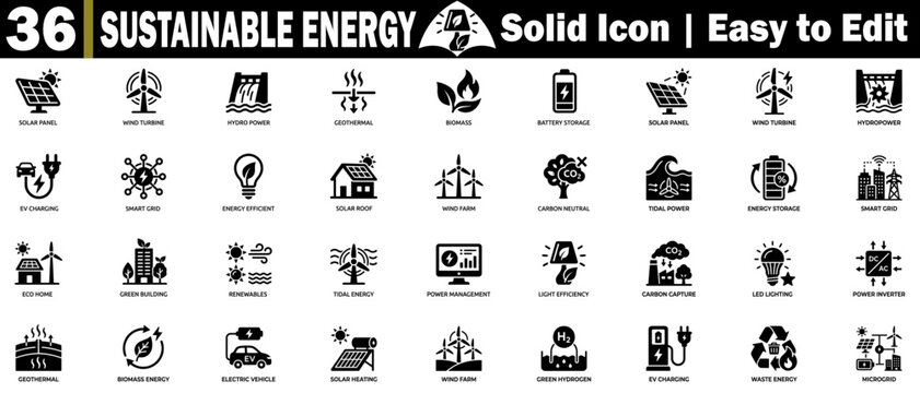 Sustainable energy solid icon set. Collection of solar panels, wind turbines, hydropower, geothermal, biomass, battery storage, and clean energy. vector illustration.