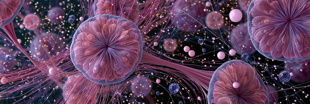 An intricate illustration of a biomimetic network with artificial chaperones facilitating communication between cells, showcasing advanced biological concepts and technology.