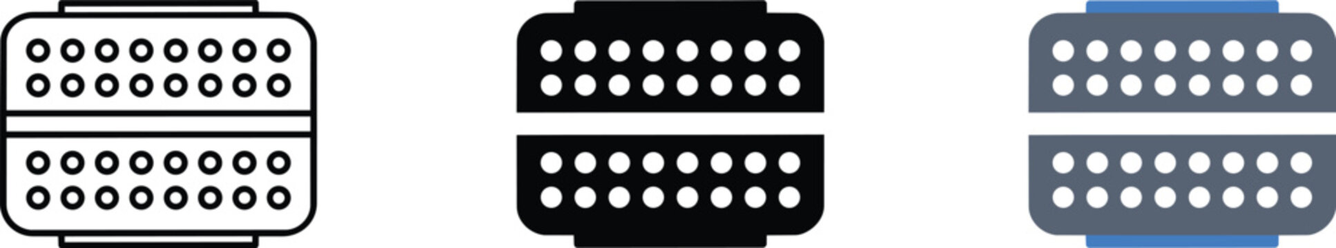 Parallel ata connector interface icons set, rectangular hardware port elements featuring multiple pin holes in linear and solid variants and network