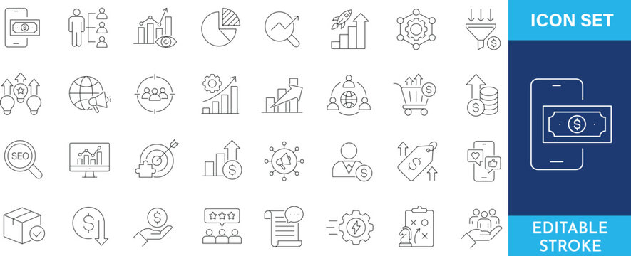 editable stroke line set of marketing thin icons, such as mobile payment, people chart, analysis, pie chart, search analysis, growth.