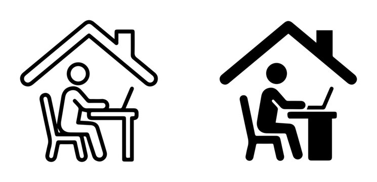 Remote Work Icons, Home Office Symbol, Freelancer Workspace, Person Working on Laptop Under House Roof