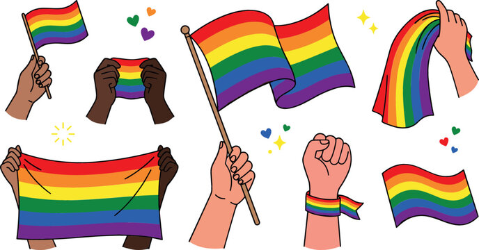 LGBTQ pride rainbow flag vector set featuring diverse human hands holding waving flags and fist raised for community love equality and parade celebration designs