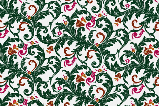 Vintage baroque seamless pattern with acanthus leaves, ornate floral damask vector background, green and pink botanical wallpaper design