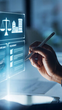 A close-up, high-tech shot revealing a hand with a stylus interacting with a glowing holographic display, visualizing digital law, compliance, and regulatory requirements in a modern