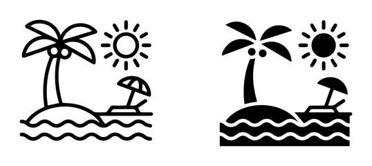 Tropical Island Icons, Beach Vacation Vector Set, Palm Tree Sun Umbrella Lounger, Summer Holiday Graphics © Atique