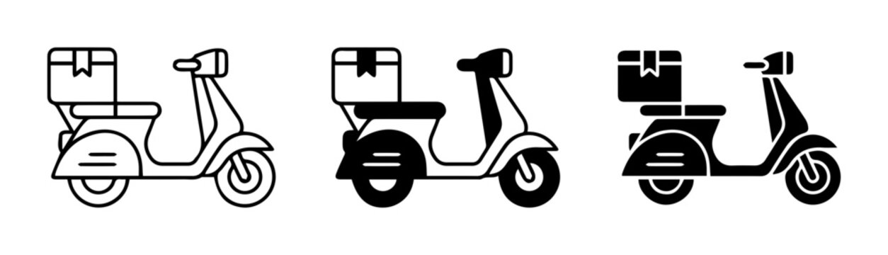 Delivery Scooter Icons, Set of 3, Line Art and Solid Black Vector Graphics for Logistics and Transport Concepts