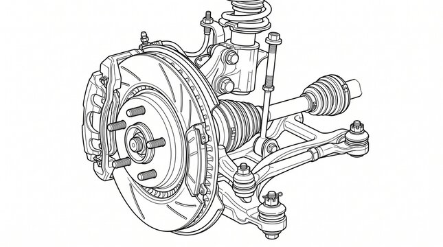 Detailed Technical Line Drawing of a Front Car Suspension and Brake Assembly