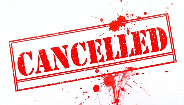 Red cancelled stamp with bold letters and splatter background