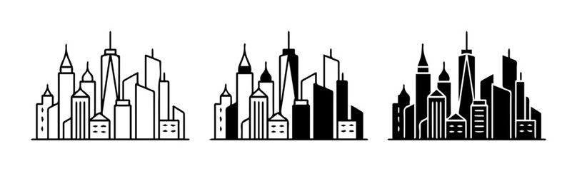 Obraz premium Modern Cityscape Icons, Urban Skyline Silhouettes, Architectural Vector Graphics