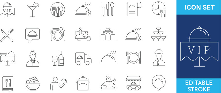 Restaurant and catering service outline icon set for gourmet dining.