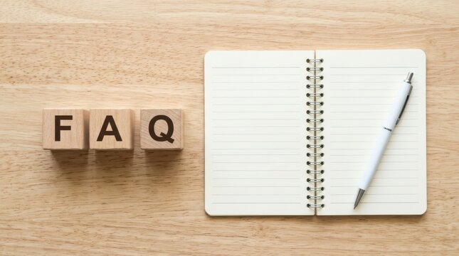 Faq letters on wooden blocks with an open spiral notebook and a pen on a desk for customer service and frequently asked questions support