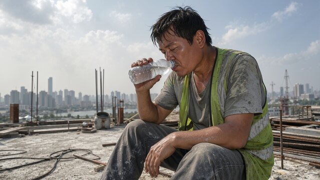 Exhausted construction worker drinking water on a building site. Sweating Asian man in high visibility vest resting during extreme summer heat. Occupational health and hydration concept