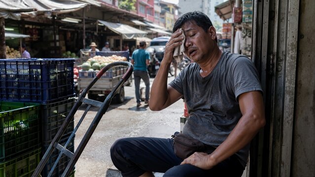 Tired market worker wiping sweat from his face on a hot summer day. Exhausted Asian man resting next to a hand truck in a busy street. Extreme heat and physical labor concept