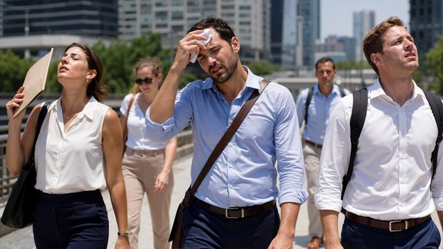 Exhausted business professionals suffering from extreme heat while commuting in the city. Sweating corporate workers wiping foreheads and fanning themselves on a hot summer day