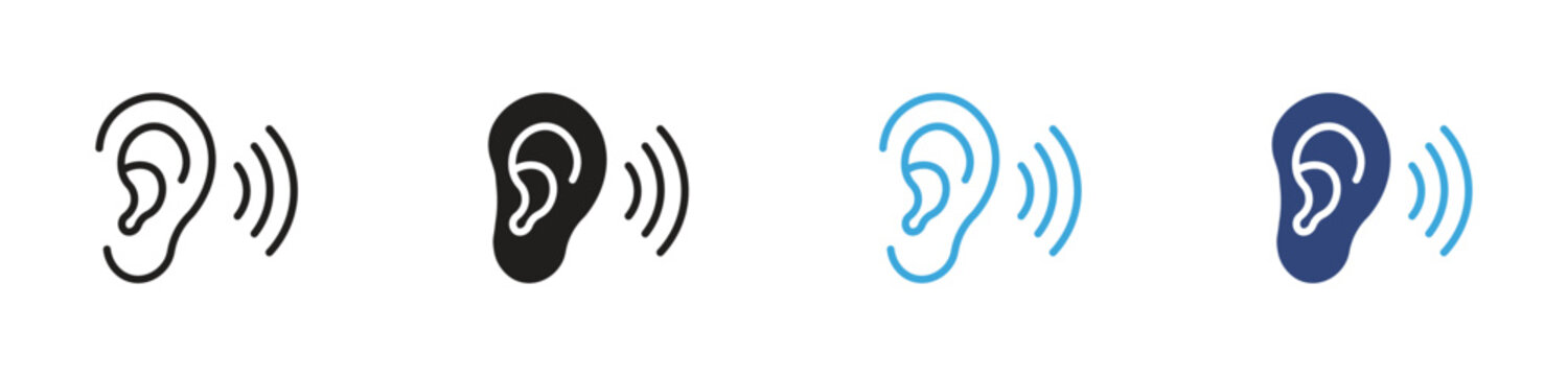 Ear listening icon set, Hearing symbols, Audio perception vector icons, Sound detection signs, Listening assistance vector icons
