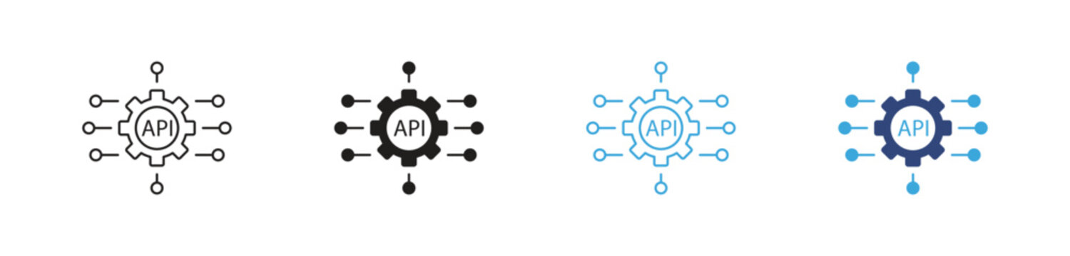 API integration icon set, Connected gear symbols, API configuration vector icons, System integration signs, Network automation vector icons