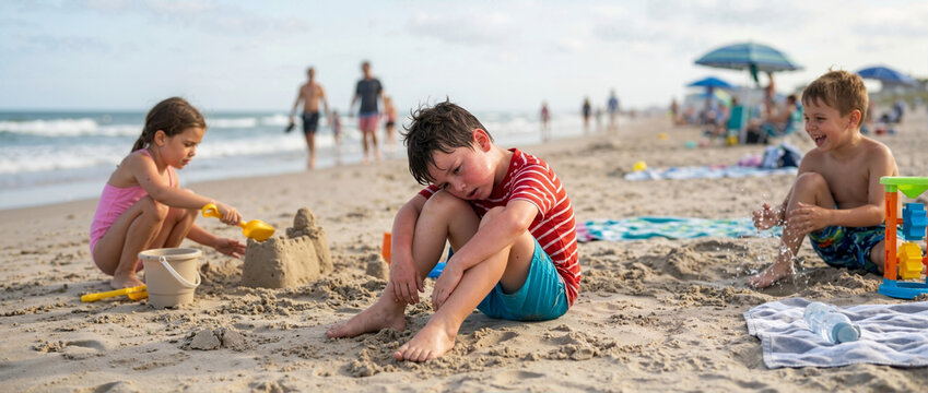 Overheated young boy sitting on the sand while other children play at the beach. Tired child suffering from heat exhaustion during summer vacation. Extreme heat and sun safety concept